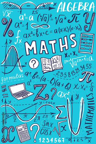 Algebra or mathematics subject doodle design. Maths symbols icon set. Education and study cover template. Back to school sketchy background for notebook, not pad, sketchbook. Hand drawn illustration.