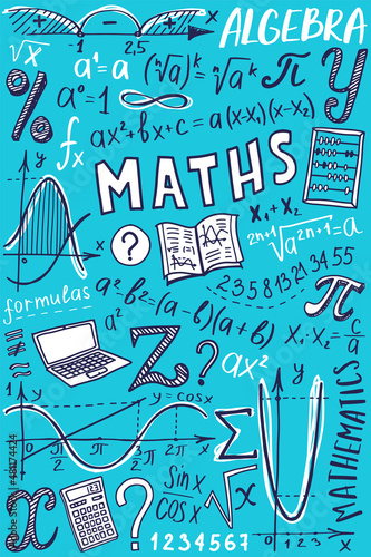 Algebra or mathematics subject doodle design. Maths symbols icon set. Education and study cover template. Back to school sketchy background for notebook, not pad, sketchbook. Hand drawn illustration.