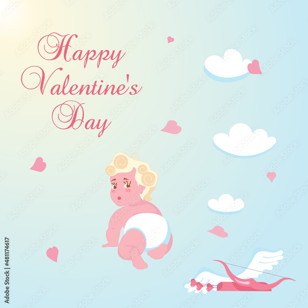 Cute baby Cupid isolated on blue sky background.