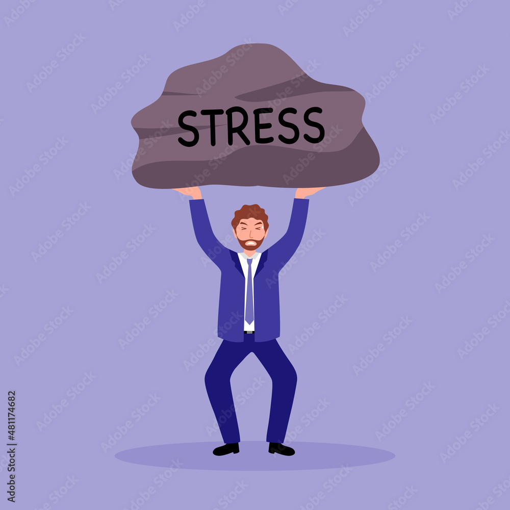Businessman stress management concept vector illustration. Man worker carrying stone in flat design. Businessman stress management concept vector illustration. Man worker carrying stone in flat design.