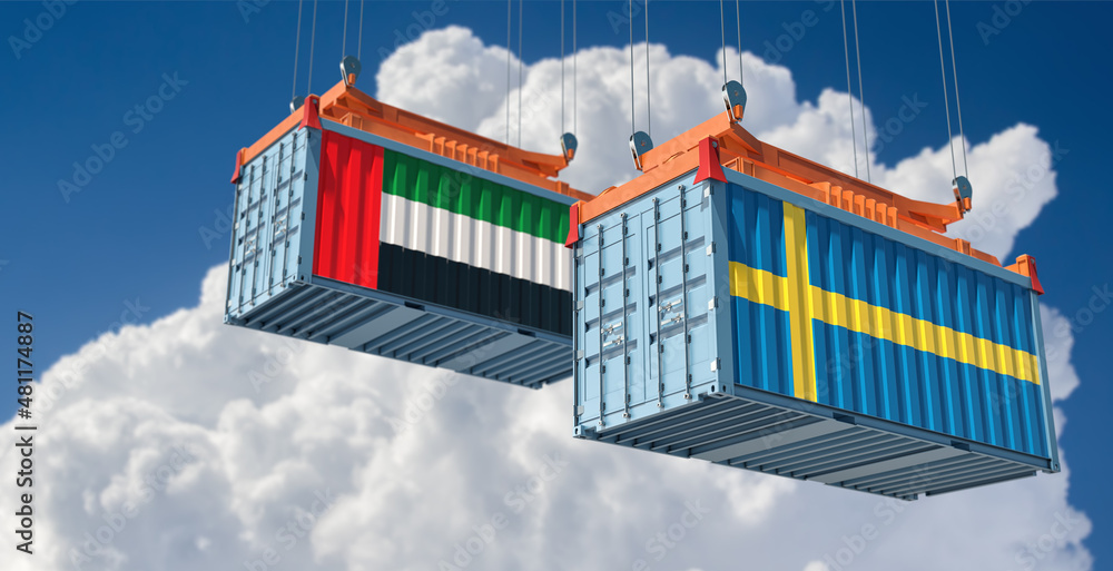 Freight containers with United Arab Emirates and Sweden national flags. 3D Rendering 