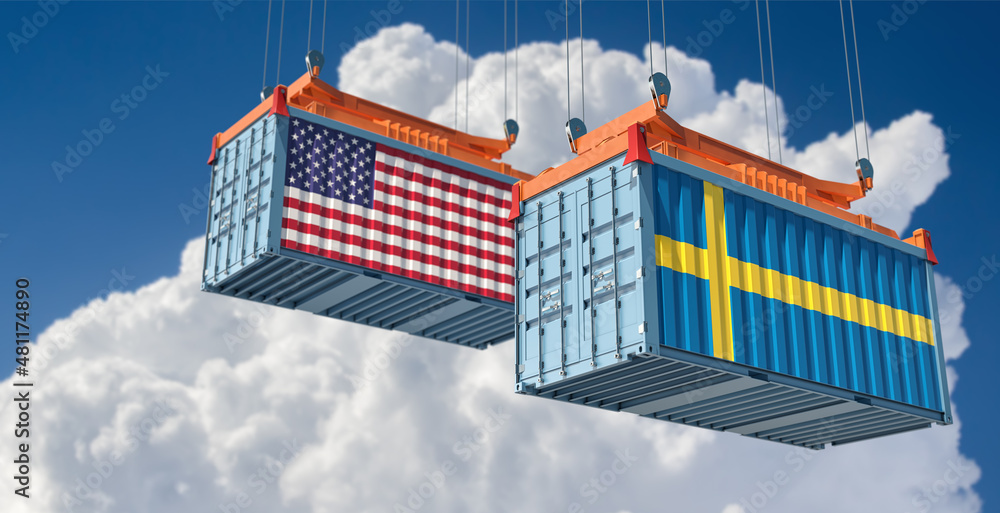 Freight containers with USA and Sweden national flags. 3D Rendering 