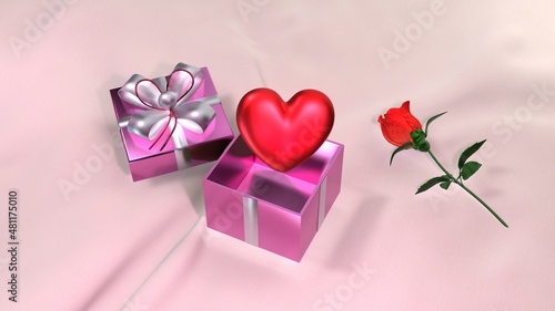 The gift box was opened and the heart floated. In an atmosphere of love among the rose. 3d rendering and 3d illustration.