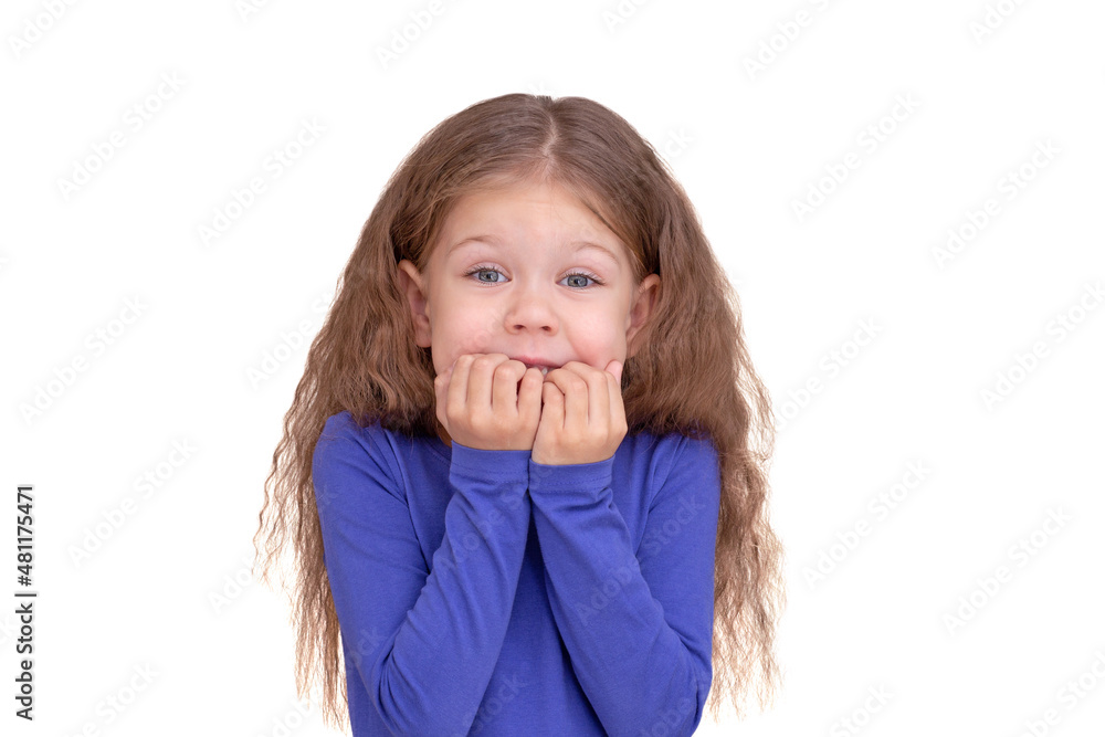 Fearful child kid holding raised fists close to mouth, isolated on white background looking at camera waist up caucasian little girl of 5 years in blue Fearful child kid holding raised fists close to mouth, isolated on white background looking at camera waist up caucasian little girl of 5 years in blue