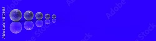 Five balls of metal of different sizes of blue color on blue background. Growth of something. Progress. Reflection. Banner for insertion into site. Horizontal image. 3D image. 3D rendering.