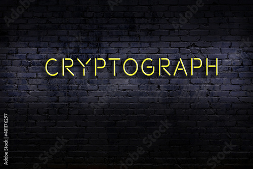 Neon sign. Word cryptograph against brick wall. Night view