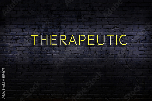 Neon sign. Word therapeutic against brick wall. Night view