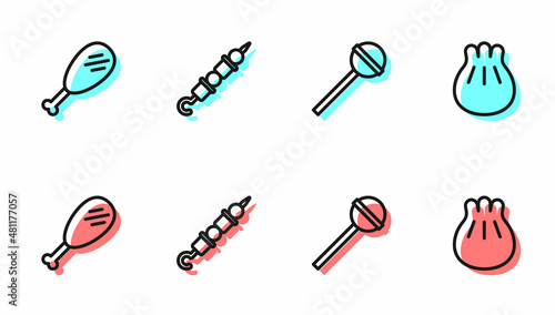Set line Lollipop, Chicken leg, Grilled shish kebab and Khinkali on cutting board icon. Vector