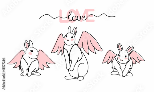 Set of line art minimalistic rabbits with angel wings. Love and Valentine's Day. Hand drawn cute animal collection for love confession and greeting cards