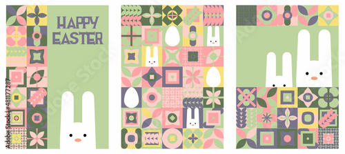Geometric illustration for Easter holidays with simple white rabbits and eggs and neo geometry pattern. Modern geometric abstract style. Vector composition for Easter and spring
