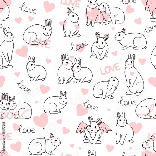 Seamless pattern with line art minimalistic rabbits with hearts. Love and Valentine's Day. Hand drawn cute animal for love confession and greeting cards
