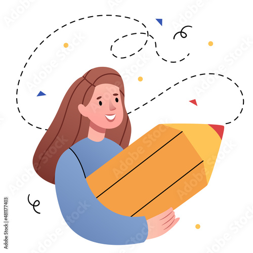 The girl is holding a big pencil.The concept of planning,search for ideas,creativity.