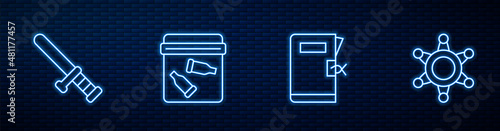 Set line Police station folder, rubber baton, Evidence bag with bullet and Hexagram sheriff. Glowing neon icon on brick wall. Vector