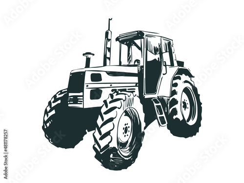 Agricultural harvester. Tractor vector sketch. Farm agricultural machine side view, from below.