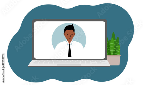 Online webinar or online training. Laptop with a picture of a male specialist. Vector
