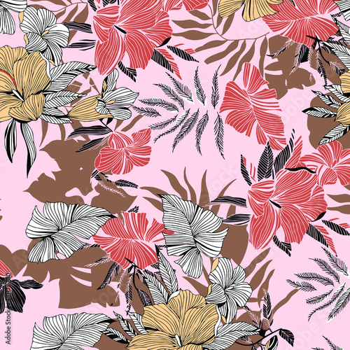 Abstract Floral Tropical Leaf Pattern Pink