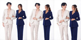 Two couple Full length of man in white suit and woman in blue jacket blazzer for gala dinner