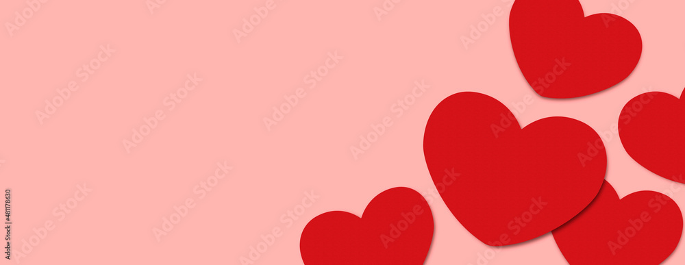 happy valentine's day background. decorative festive object, heart shaped paper on pink background. greeting card. holiday banner design. top view. flat lay