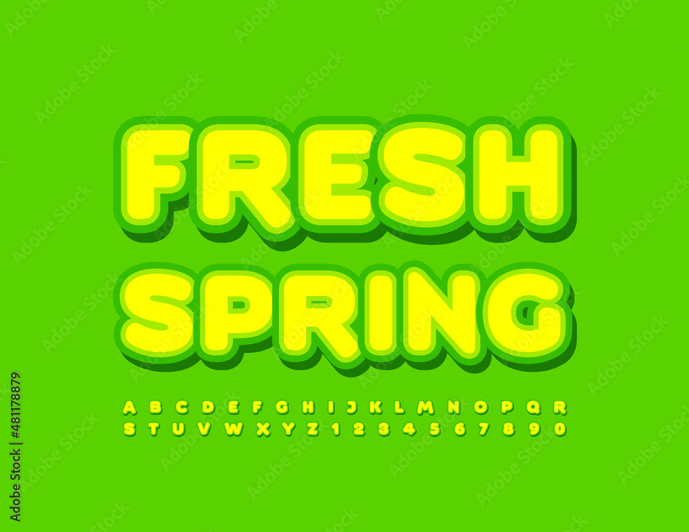 Vector creative sign Fresh Spring with trendy Font. Set of sticker Alphabet Letters and Numbers Vector creative sign Fresh Spring with trendy Font. Set of sticker Alphabet Letters and Numbers