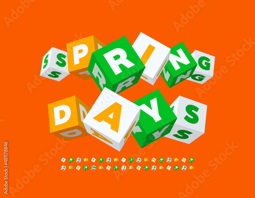 Vector seasonal banner Spring Days with playful funny Font. Block Alphabet Letters and Numbers set