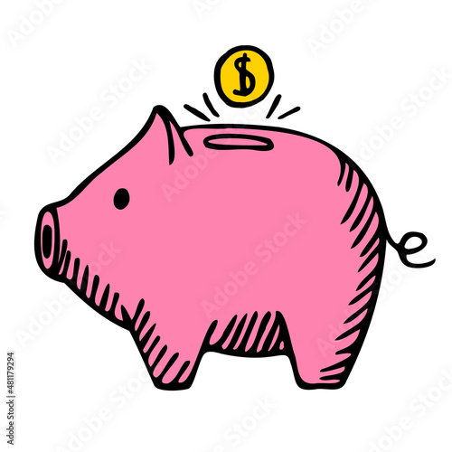 Pink piggy bank isolated on white background. Box for safe savings, coins, cash, gold. Money pig in doodle style.