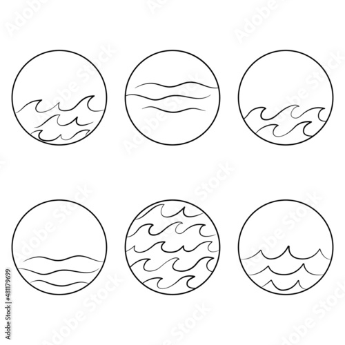 Set of six various simple minimalist waves in circle water lake river logo vector illustration, bundle set collection package design on white background
