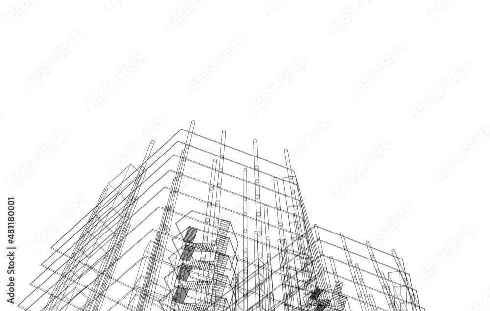 wireframe linear 3d drawing of building wireframe linear 3d drawing of building