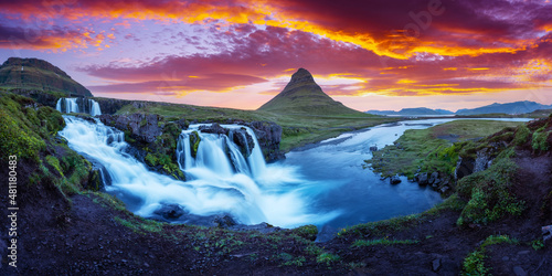 Gorgeous landscape with rising sun on Kirkjufellsfoss waterfall and Kirkjufell mountain  Iceland  Europe. Landscape photography