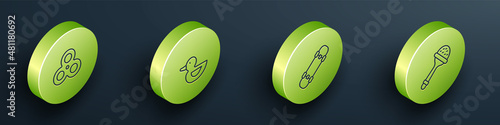 Set Isometric line Fidget spinner, Rubber duck, Skateboard and Rattle baby toy icon. Vector