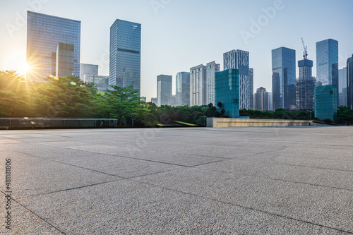 Fototapeta Naklejka Na Ścianę i Meble -  Empty square floor and city skyline with modern commercial office buildings in Shenzhen, China.