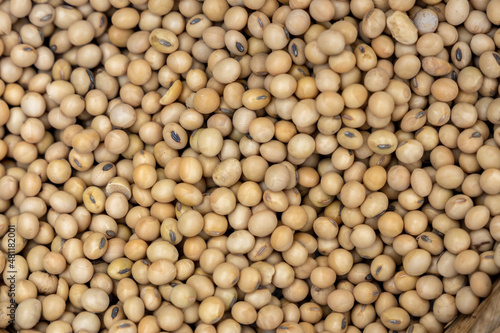 Soy bean mature seeds, Flat lay top view pile of Soybeans, dried soybeans texture and background.