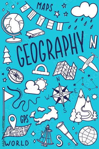 Geography cover template. School subject icon set design. Education outline doodle sketch. Study, science concept. Back to school background for notebook, sketchbook or not pad. Vector illustration.