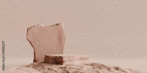 rock podium on sand background for product presentation. Natural beauty pedestal, earth tone colour, relaxation concept, 3d illustration