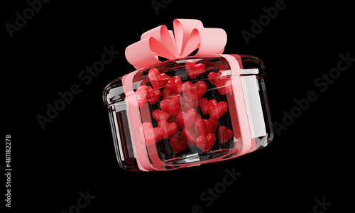 Valentines hearts with gift box. love symbol, 3D illustration