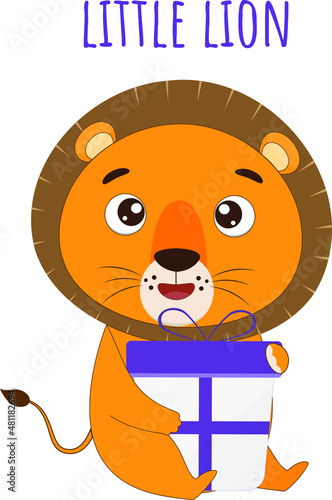 Fototapeta Naklejka Na Ścianę i Meble -  Cute lion cub hugs a violet gift box. Lion isolated on white background. Vector illustration
