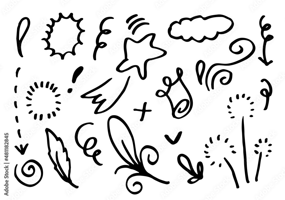 Hand drawn set elements, black on white background. Arrow, heart, love, star, leaf, sun, light, flower, crown ,Swishes, swoops, emphasis ,swirl, heart, for concept design.