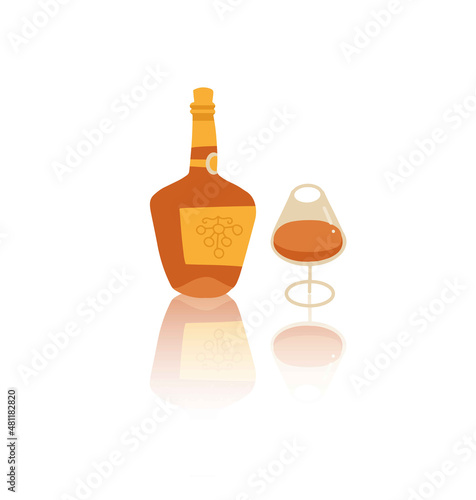 Bottle of Cognac with wineglass. Brandy, Whiskey reflection on the surface of the table. Hand drawn flat vector Illustration isolated.