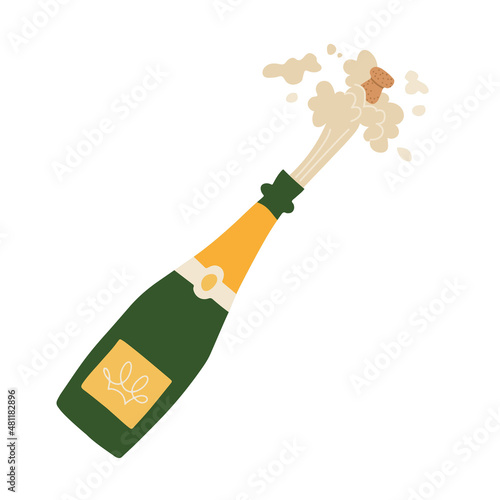 Champagne bottle cork explosion. Vector flat illustration of sparkling wine isolated on white background.