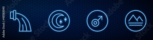 Set line Mars symbol, Aquarius zodiac, Moon and stars and Earth element. Glowing neon icon on brick wall. Vector