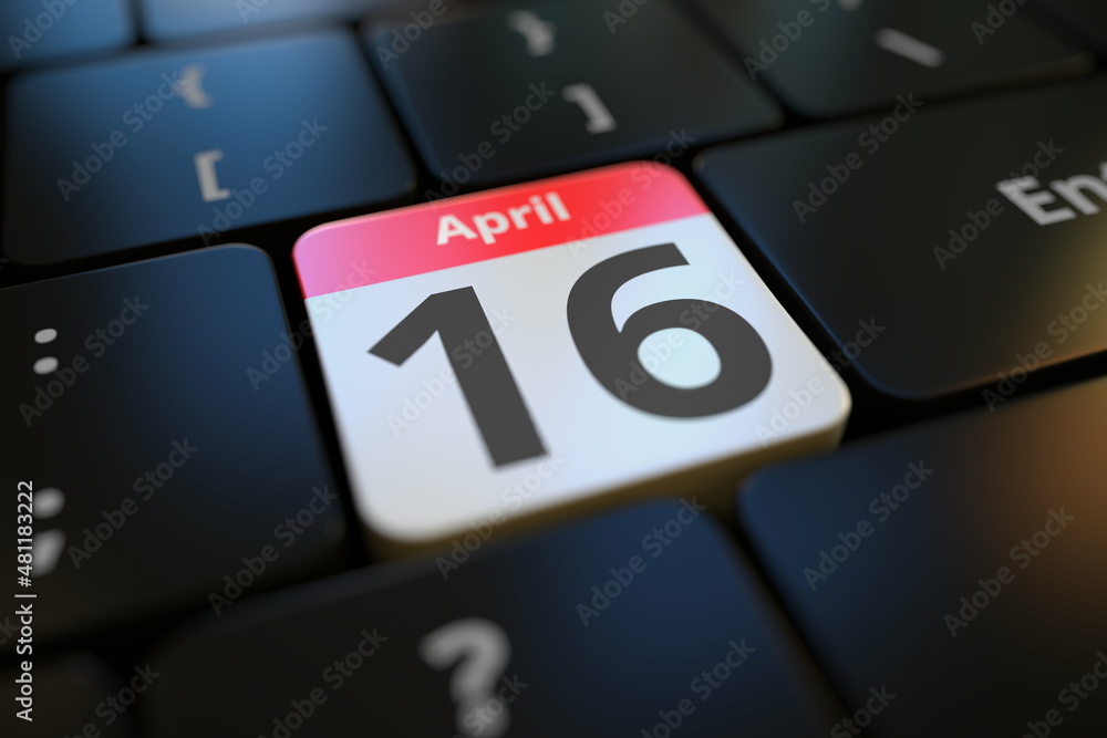 April 16 date on a keyboard key, 3d rendering April 16 date on a keyboard key, 3d rendering