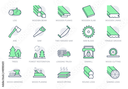 Lumber line icons. Vector illustration include icon - log, plank, polishing grinder, saw, lumberjack, cutting, carpentry outline pictogram for wood cutting. Green Color, Editable Stroke