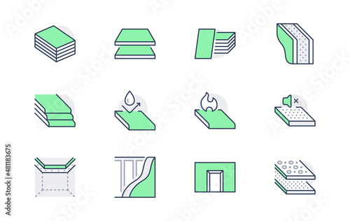 Drywall line icons. Vector illustration include icon - plasterboard, soundproof, acoustic protection, ceiling board, outline pictogram for wallboard material. Green Color, Editable Stroke