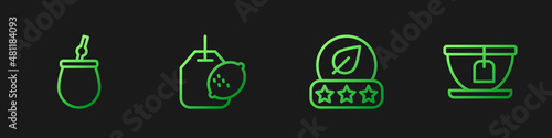 Set line Tea leaf, Mate tea, bag with lemon and Cup. Gradient color icons. Vector