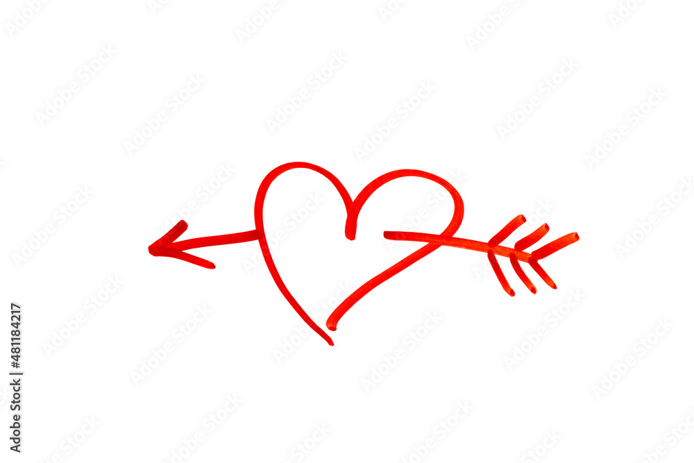 Creative Valentines Day postcard design with red heart and arrow drawn with a marker on white background isolated. Valentine day and love concept