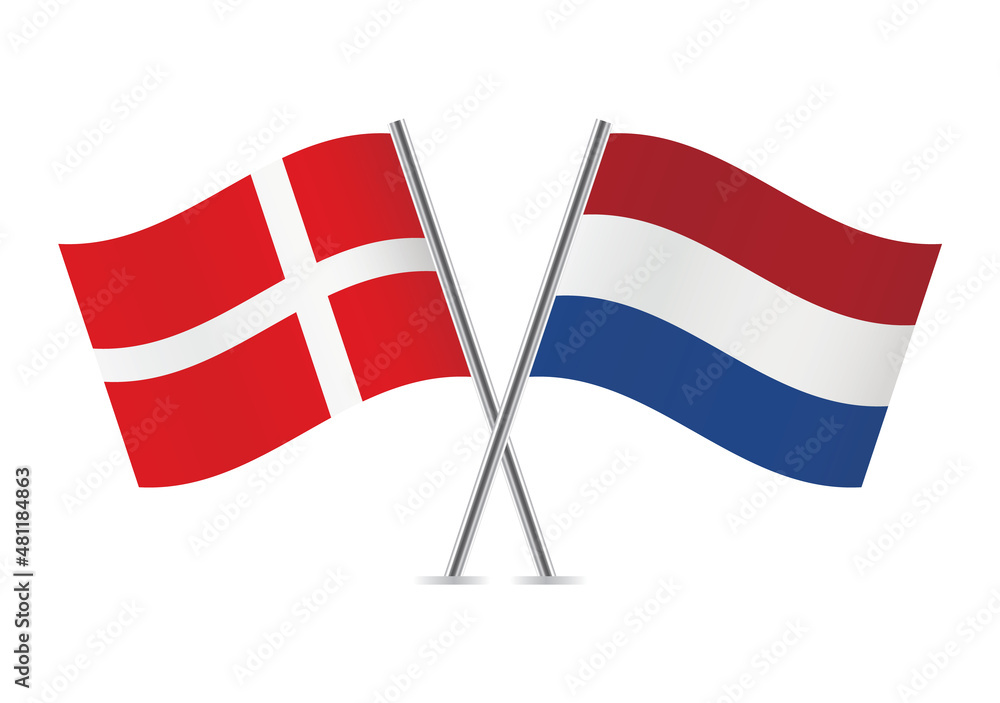 Denmark and Netherlands flags. Danish and Netherlandish flags isolated on white background. Vector illustration.
