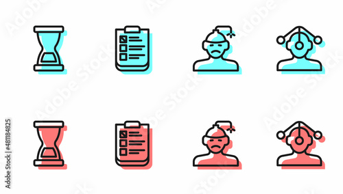 Set line Concussion, headache, Old hourglass, Psychological test and Hypnosis icon. Vector