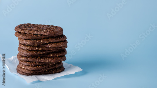 Wallpaper Mural Stack of Delicious Chocolate Cookies with Oatmeal on Blue Background Copy Space Tasty Homemade Cookies Torontodigital.ca
