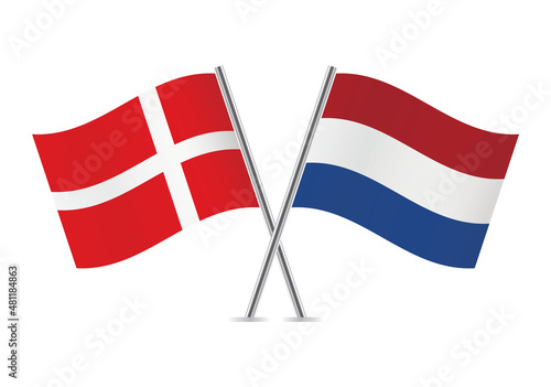 Denmark and Netherlands flags. Danish and Netherlandish flags isolated on white background. Vector illustration.