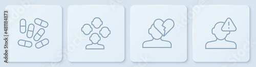 Set line Medicine pill or tablet, Broken heart divorce, Schizophrenia and Finding problem psychology. White square button. Vector