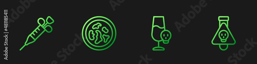 Set line Poisoned alcohol, Syringe, Petri dish with bacteria and Bottle potion. Gradient color icons. Vector